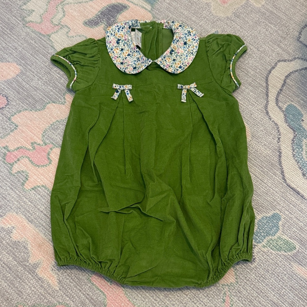 Green corduroy bubble with Floral trim (2T)